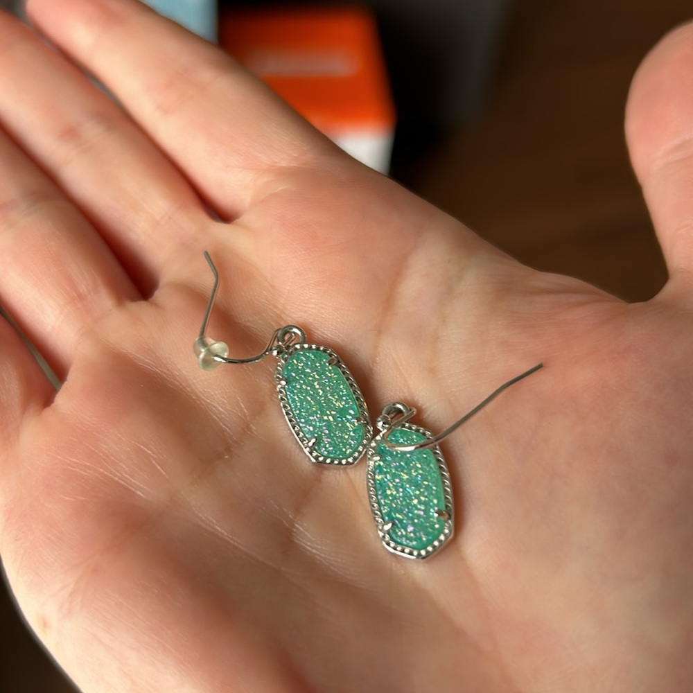 Kendra Scott Lee Aqua Blue Drusy Small Drop Earrings Silver